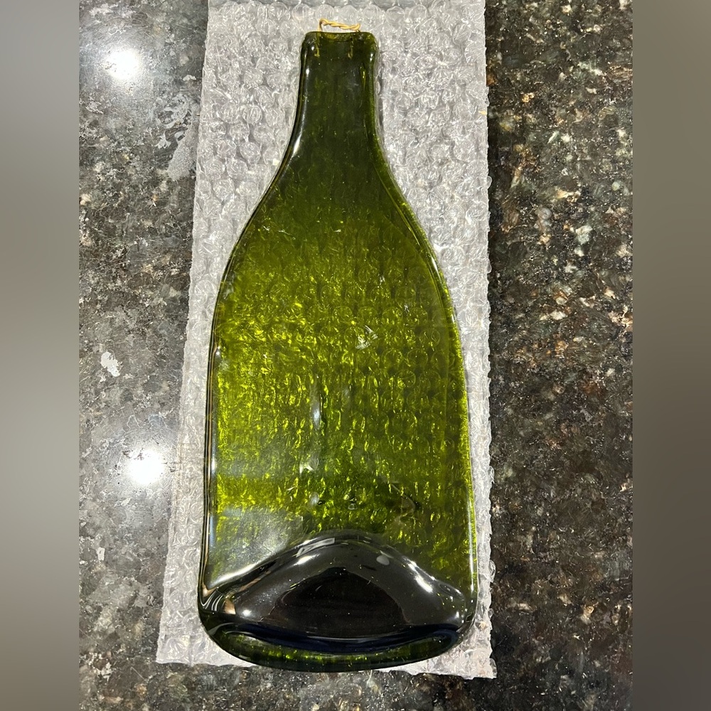 Green Flattened Wine Glass Bottle Art Piece